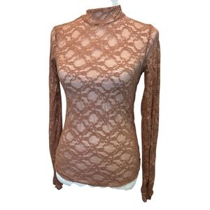Out From Under Top Elegant Sheer Lace Long Sleeve  Burn Out Brown Sz L See Thru